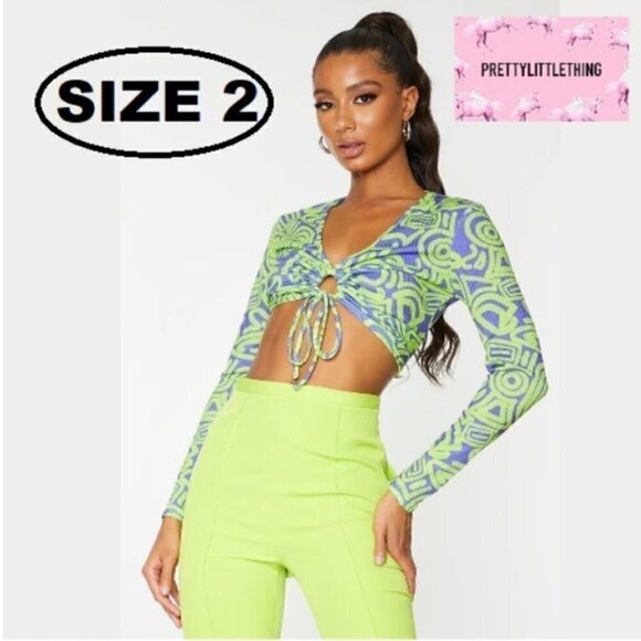 Nwt - Prettylittlething Blue Print Drawstring Front Long Sleeve Crop Top. Size:2 - Picture 2 of 13